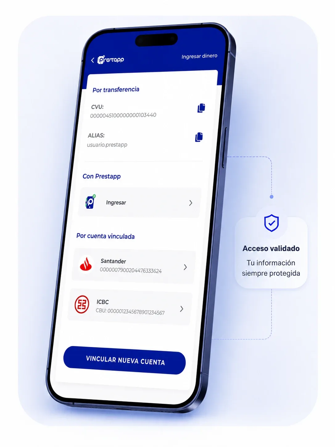 Mockup de PrestApp mostrando la pantalla para ingresar fondos