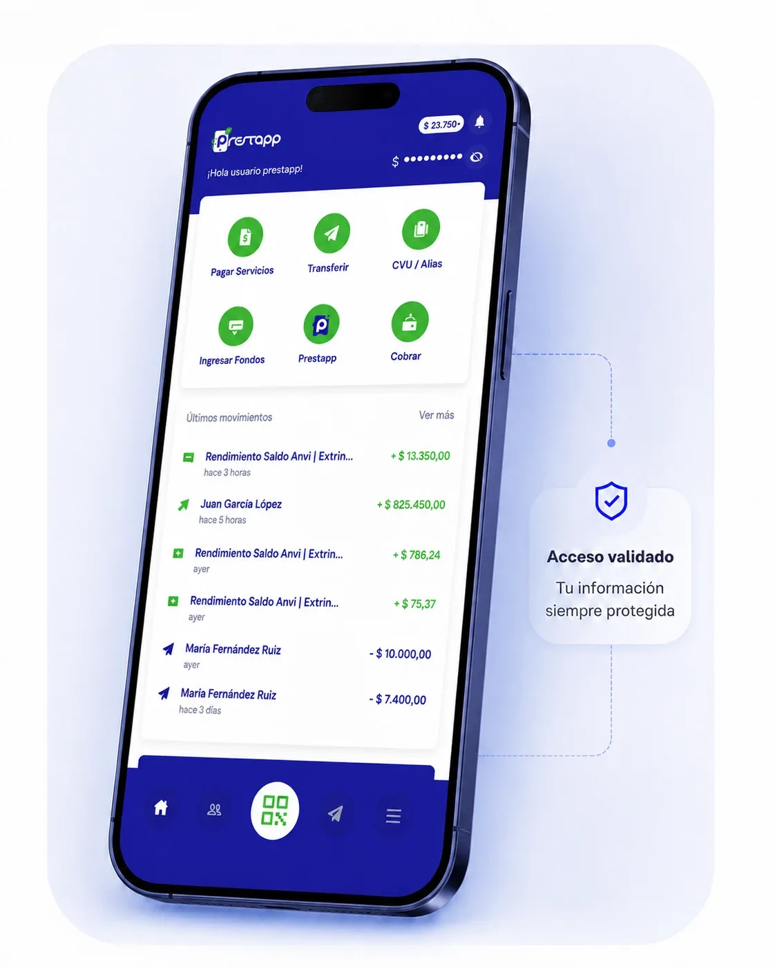 Mockup de PrestApp mostrando rendimientos diarios y movimientos