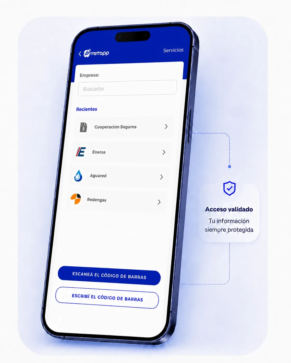 Mockup de PrestApp mostrando la pantalla para pagar servicios